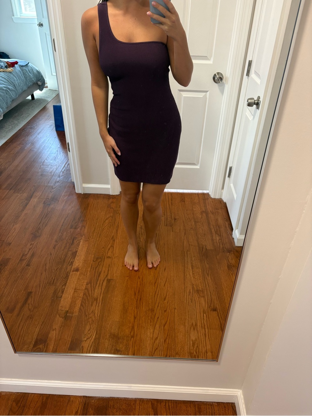 Aritzia Babaton One-Shoulder Ribbed Mini Dress in Deep Purple - Picture 2 of 6